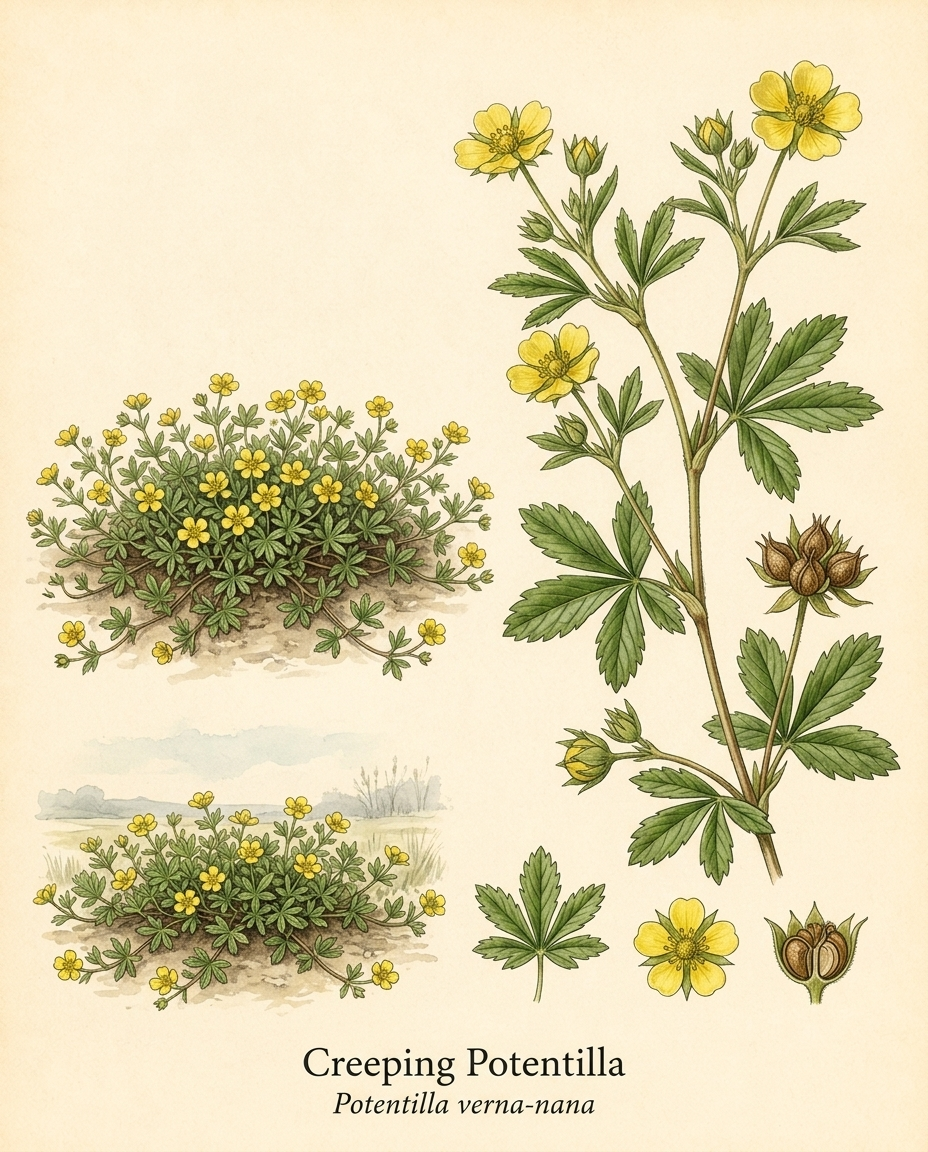 Botanical illustration of Creeping Potentilla (Potentilla verna-nana) — a deciduous groundcover for USDA zones 3–8