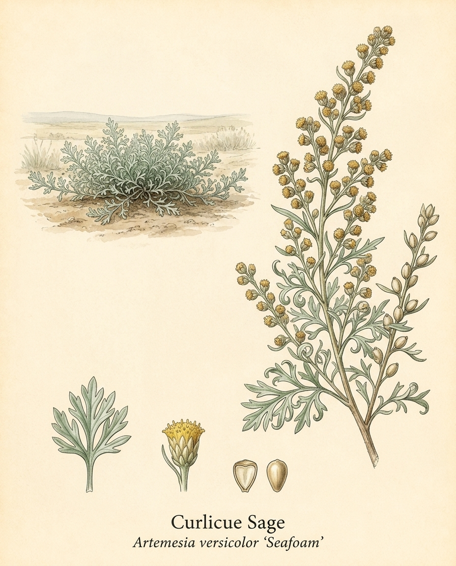 Botanical illustration of Curlicue Sage (Artemesia versicolor ‘Seafoam’) — a deciduous groundcover for USDA zones 3–8