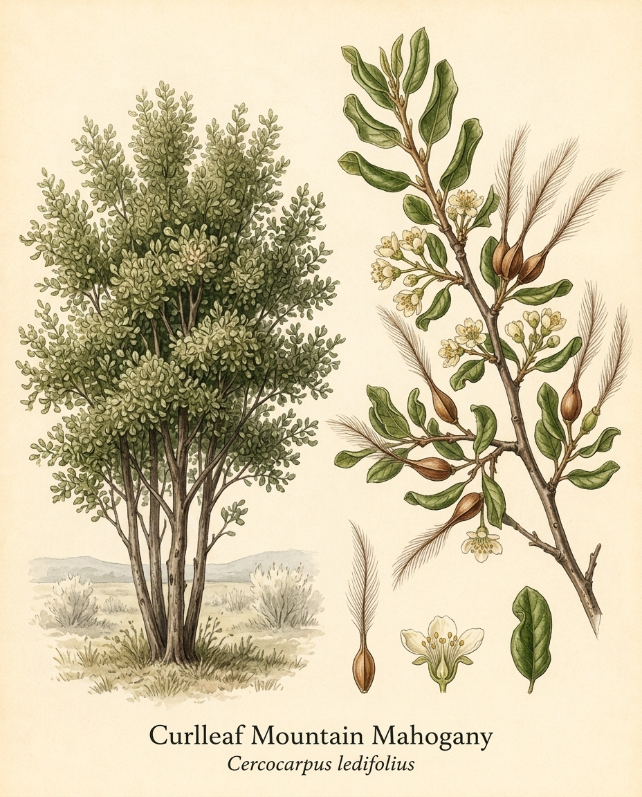 Botanical illustration of Curlleaf Mountain Mahogany (Cercocarpus ledifolius) — a evergreen shrub for USDA zones 4–9