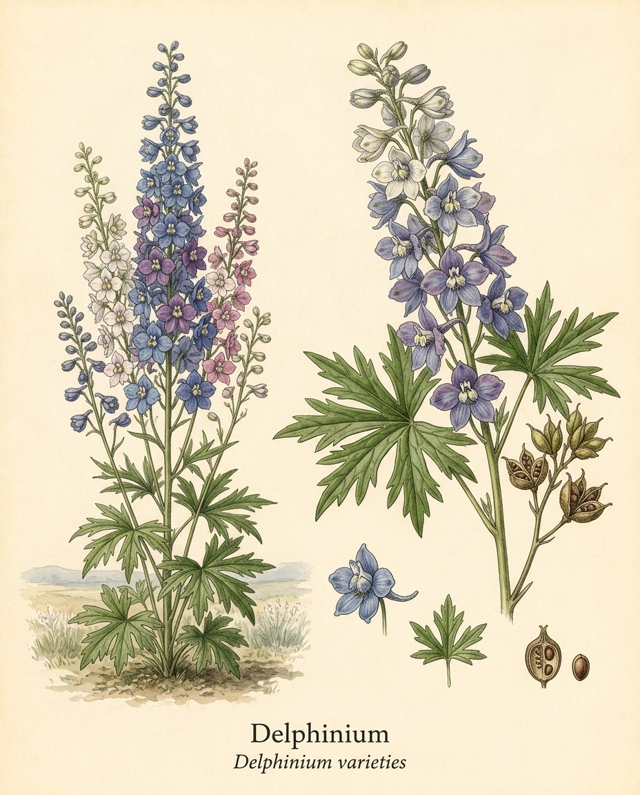 Botanical illustration of Delphinium (Delphinium varieties) — a deciduous perennial for USDA zones 3–8