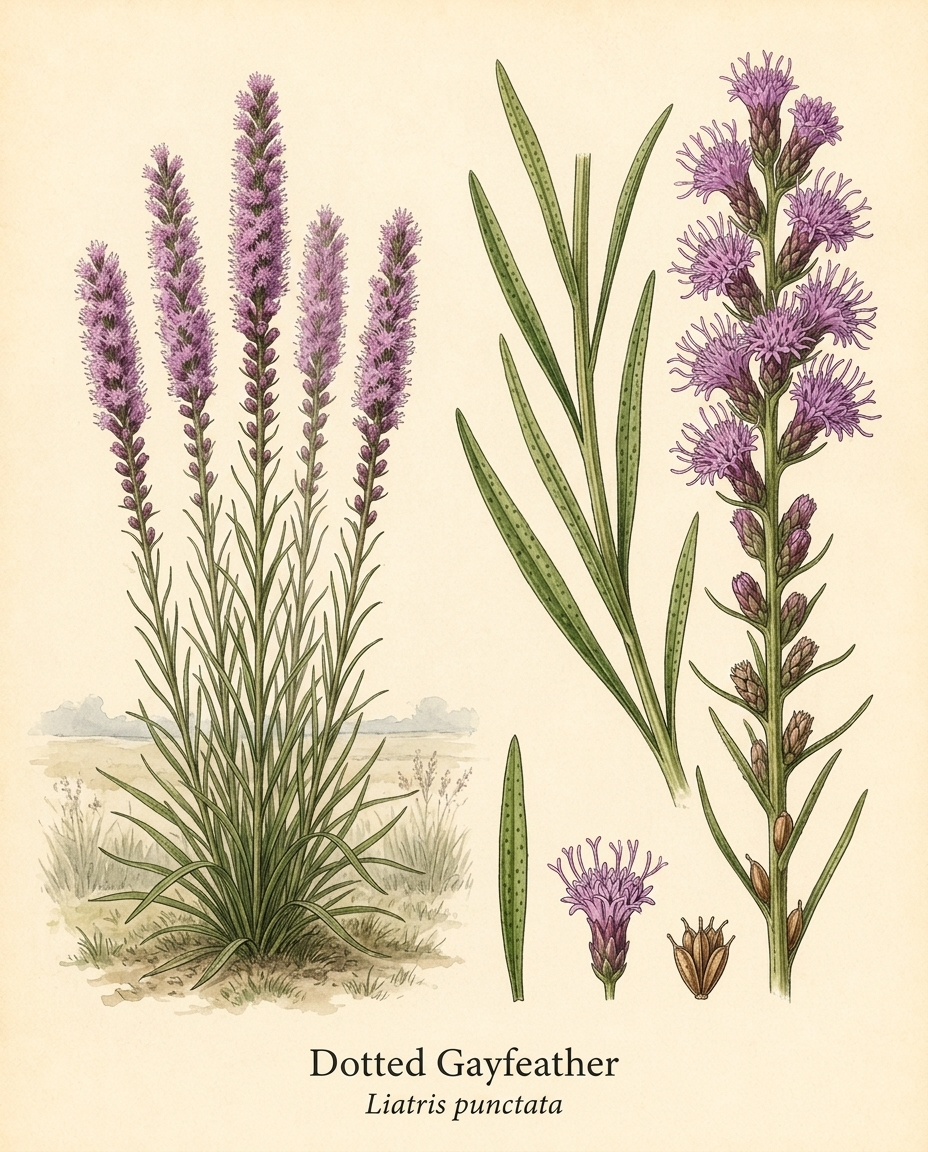Botanical illustration of Dotted Gayfeather (Liatris punctata) — a deciduous perennial for USDA zones 3–9