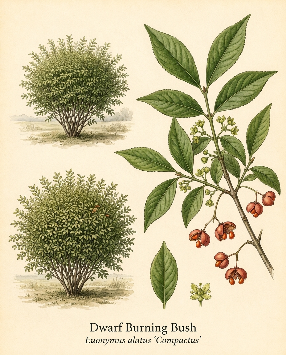 Botanical illustration of Dwarf Burning Bush (Euonymus alatus ‘Compactus’) — a deciduous shrub for USDA zones 4–8