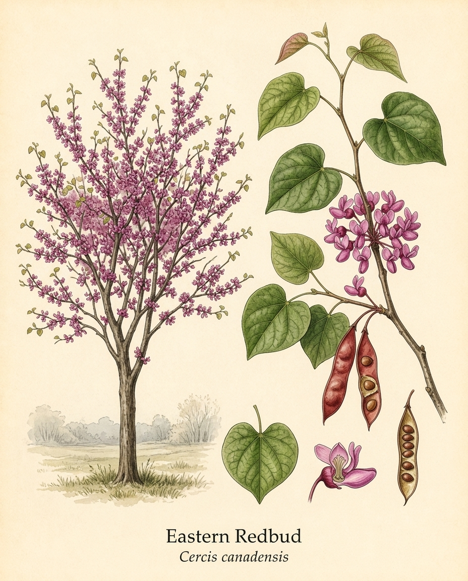 Botanical illustration of Eastern Redbud (Cercis canadensis) — a deciduous tree for USDA zones 4–9
