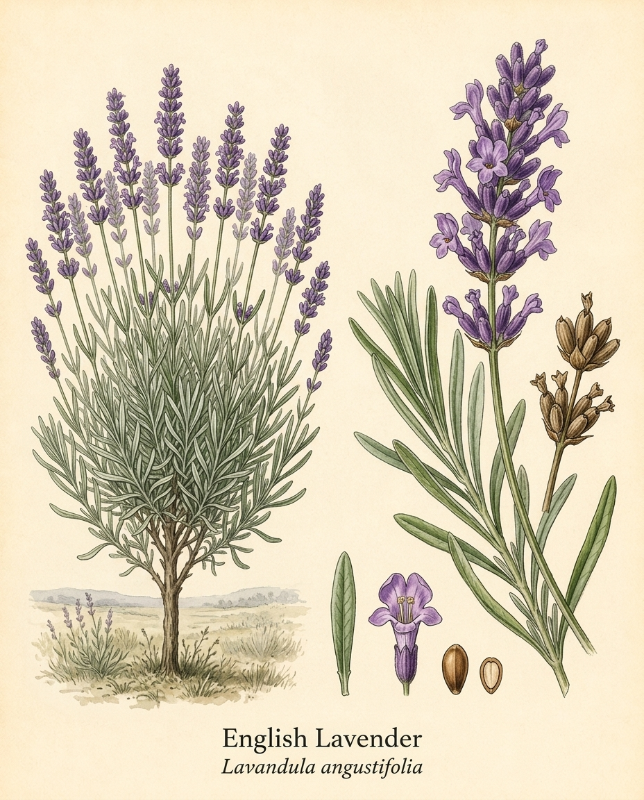 Botanical illustration of English Lavender (Lavandula angustifolia) — a evergreen perennial for USDA zones 5–9