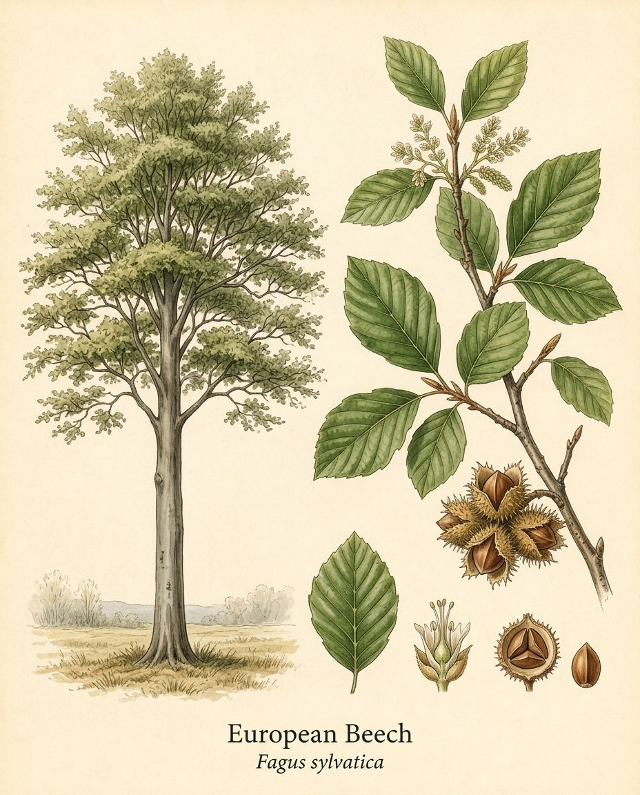 Botanical illustration of European Beech (Fagus sylvatica) — a deciduous tree for USDA zones 4–7