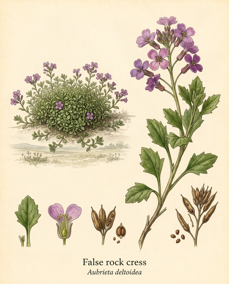 Botanical illustration of False rock cress (Aubrieta deltoidea) — a deciduous groundcover for USDA zones 3–8
