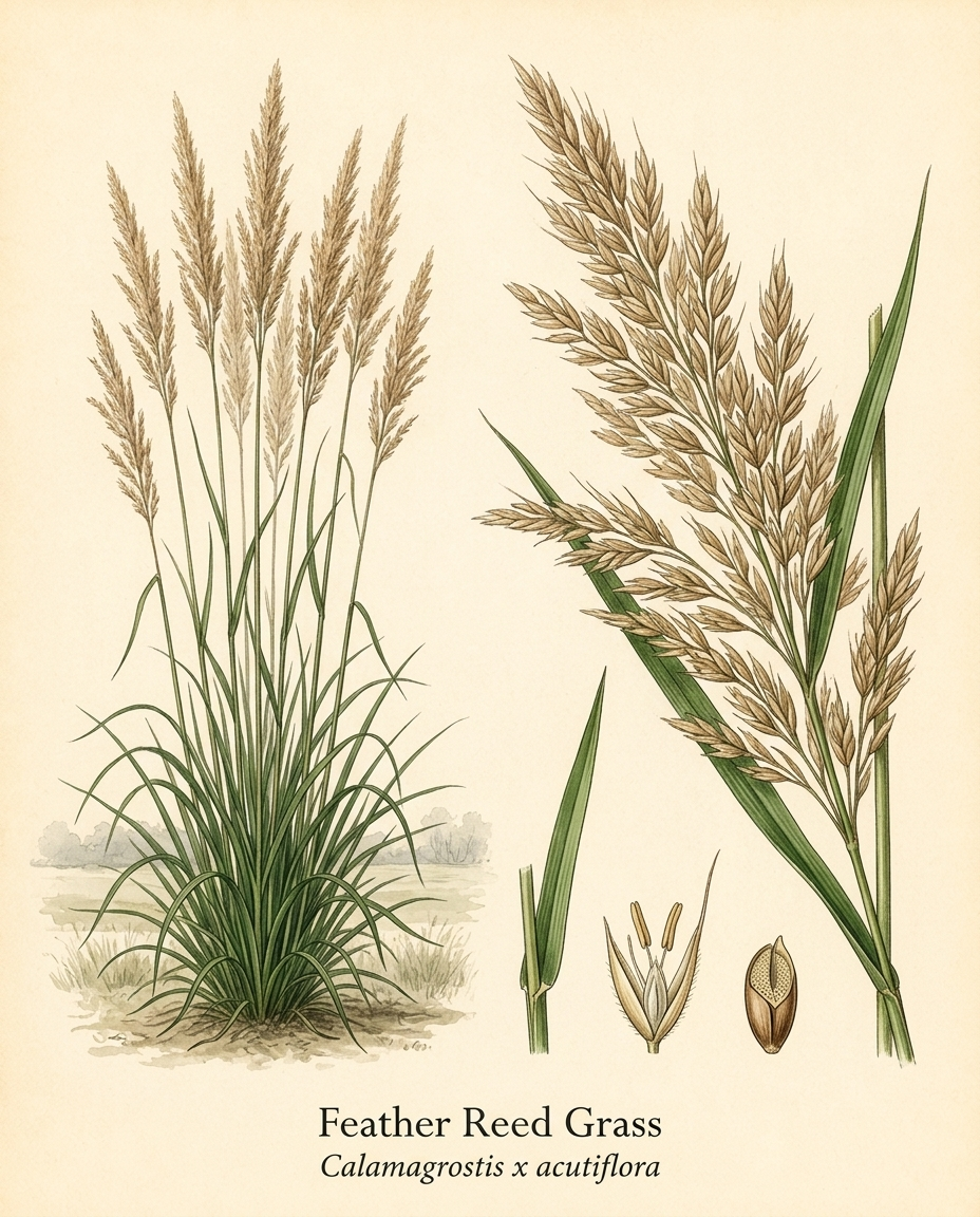 Botanical illustration of Feather Reed Grass (Calamagrostis x acutiflora) — a deciduous grass for USDA zones 4–10