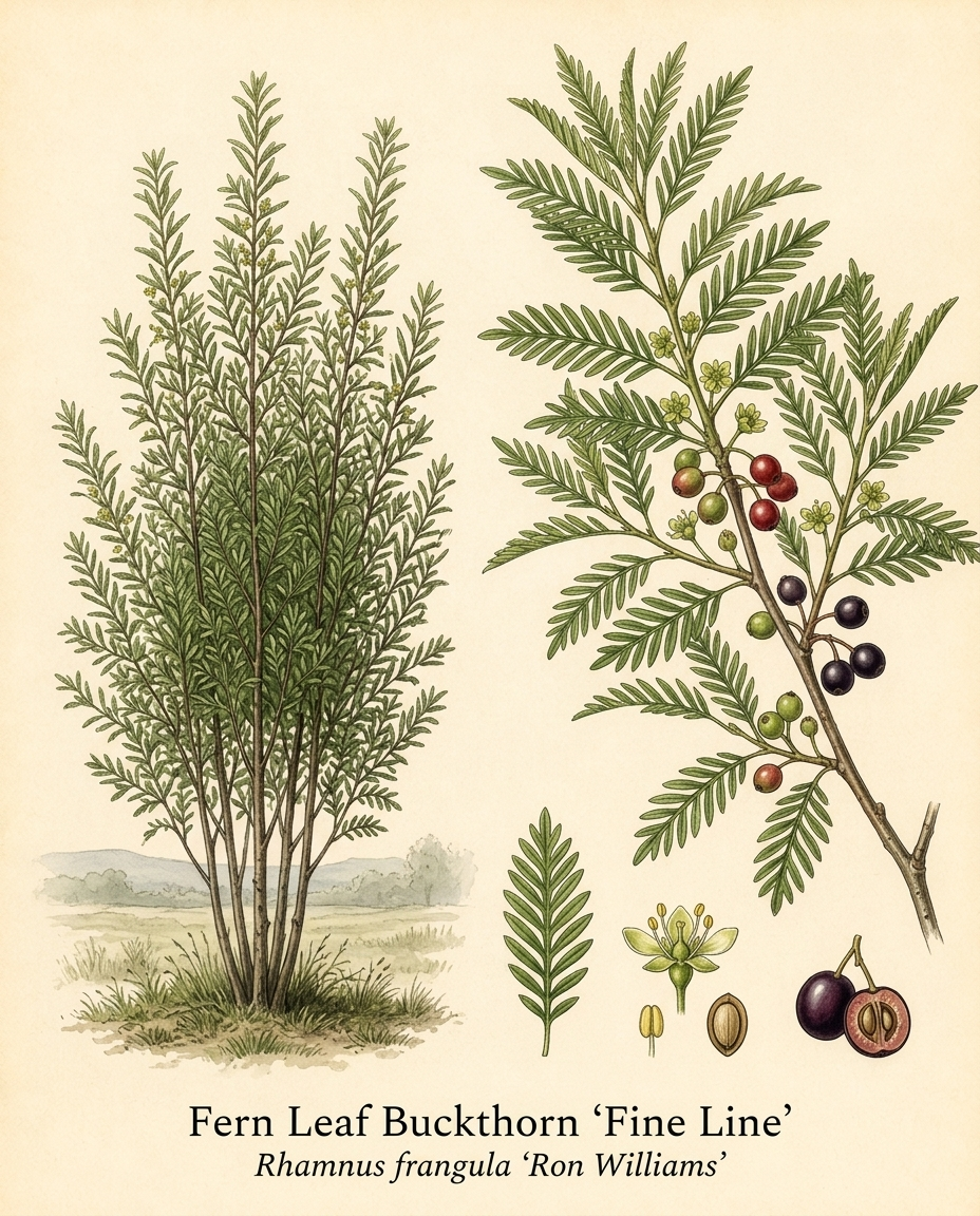 Botanical illustration of Fern Leaf Buckthorn 'Fine Line' (Rhamnus frangula ‘Ron Williams’) — a deciduous shrub for USDA zones 2–7