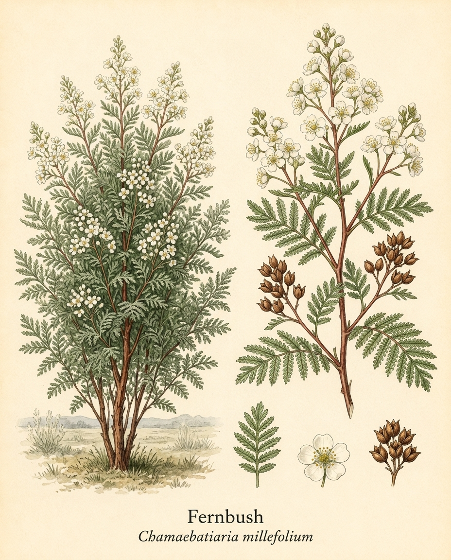 Botanical illustration of Fernbush (Chamaebatiaria millefolium) — a deciduous shrub for USDA zones 4–8