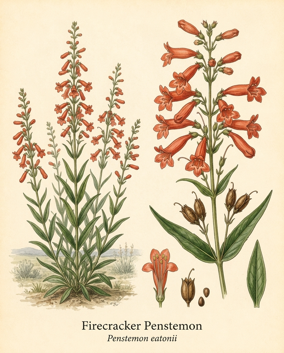 Botanical illustration of Firecracker Penstemon (Penstemon eatonii) — a evergreen perennial for USDA zones 4–8