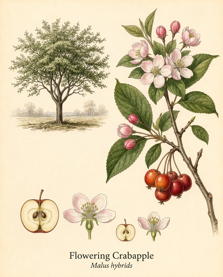 Botanical illustration of Flowering Crabapple (Malus hybrids) — a deciduous tree for USDA zones 4–8