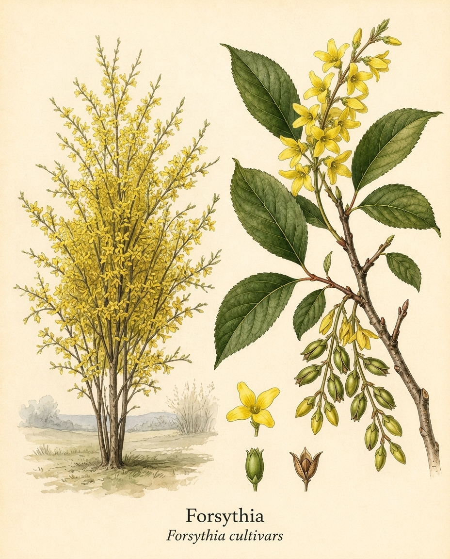 Botanical illustration of Forsythia (Forsythia cultivars) — a deciduous shrub for USDA zones 4–8