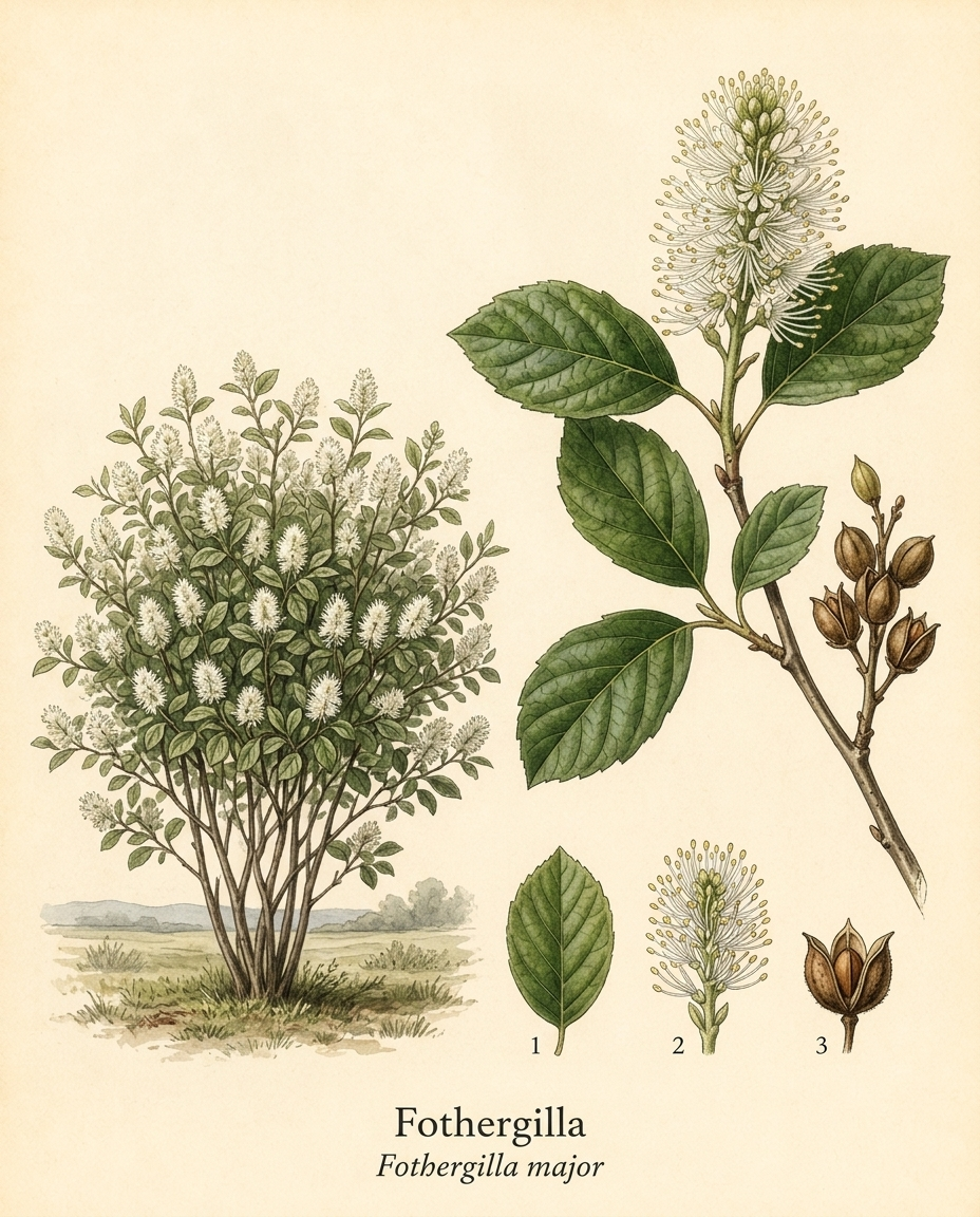 Botanical illustration of Fothergilla (Fothergilla major) — a deciduous shrub for USDA zones 4–9