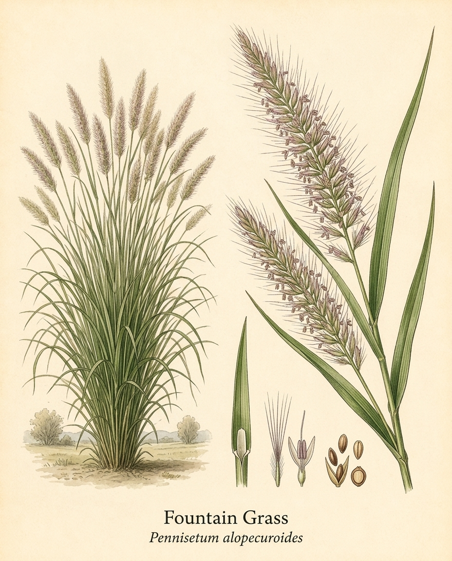 Botanical illustration of Fountain Grass (Pennisetum alopecuroides) — a deciduous grass for USDA zones 4–9