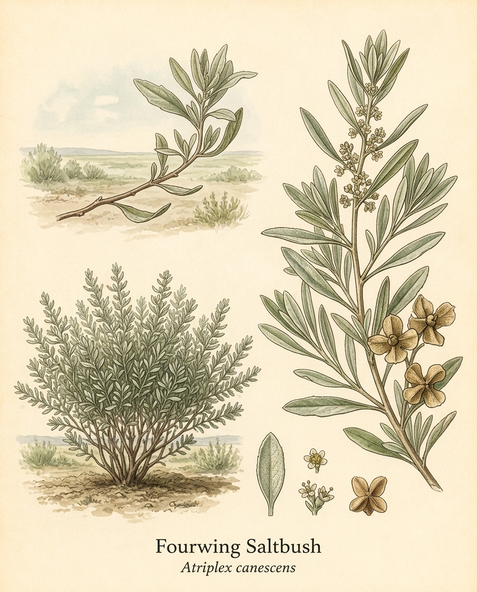 Botanical illustration of Fourwing Saltbush (Atriplex canescens) — a evergreen shrub for USDA zones 5–9