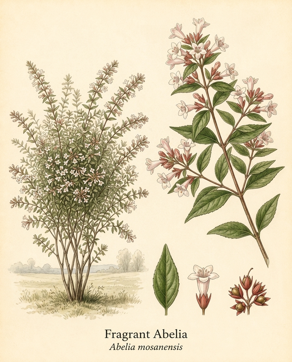 Botanical illustration of Fragrant Abelia (Abelia mosanensis) — a deciduous shrub for USDA zones 4–8