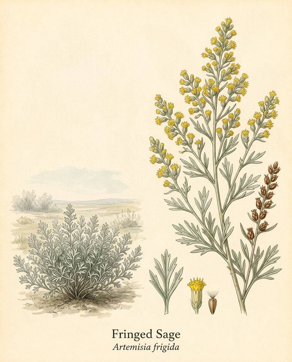 Botanical illustration of Fringed Sage (Artemisia frigida) — a evergreen groundcover for USDA zones 3–7