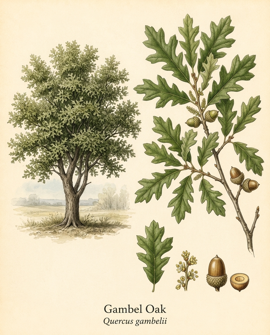 Botanical illustration of Gambel Oak (Quercus gambelii) — a deciduous tree for USDA zones 4–8
