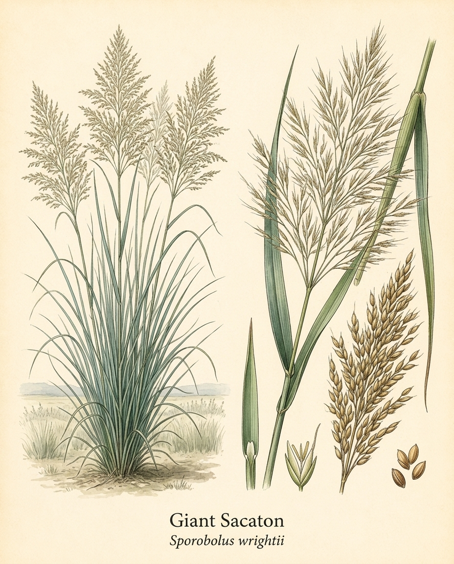 Botanical illustration of Giant Sacaton (Sporobolus wrightii) — a deciduous grass for USDA zones 5–9