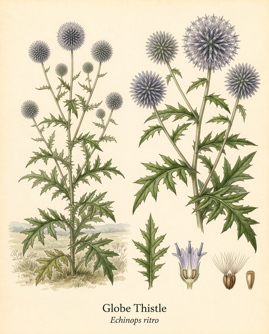 Botanical illustration of Globe thistle (Echinops ritro) — a deciduous perennial for USDA zones 3–8