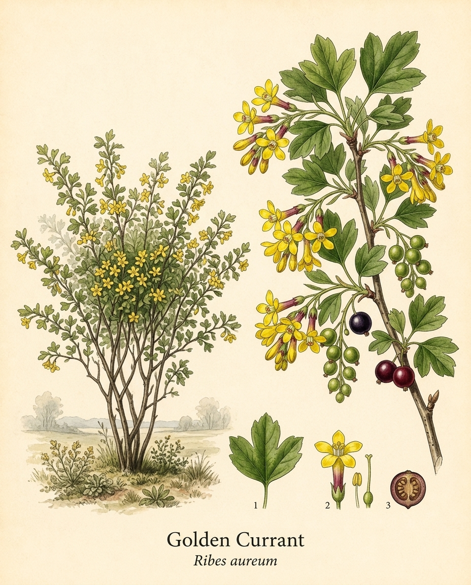 Botanical illustration of Golden Currant (Ribes aureum) — a deciduous shrub for USDA zones 4–8