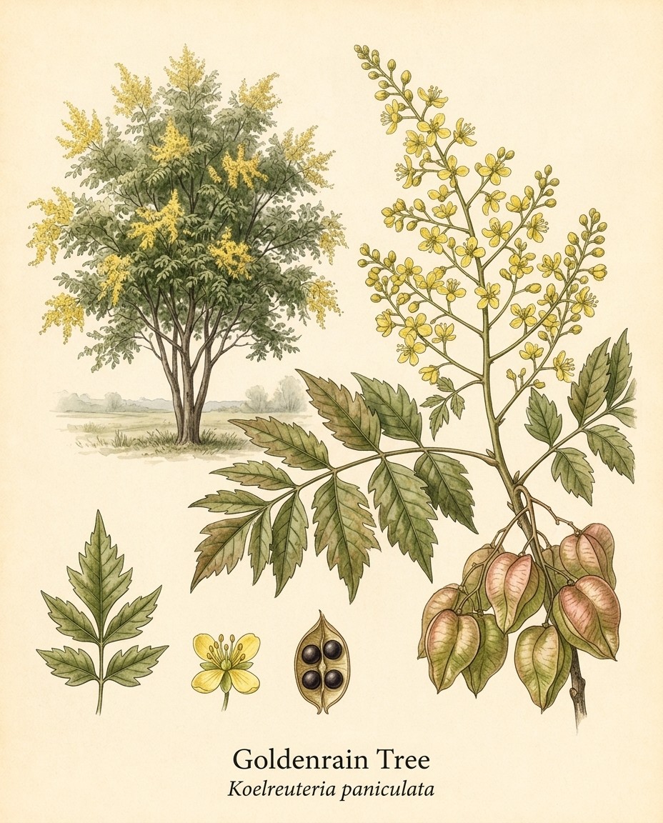 Botanical illustration of Goldenrain Tree (Koelreuteria paniculata) — a deciduous tree for USDA zones 5–9