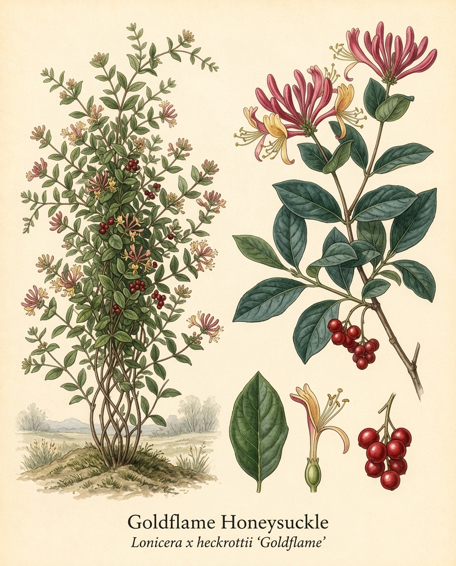 Botanical illustration of Goldflame Honeysuckle (Lonicera x heckrottii  ‘Goldflame’) — a deciduous vine for USDA zones 4–9