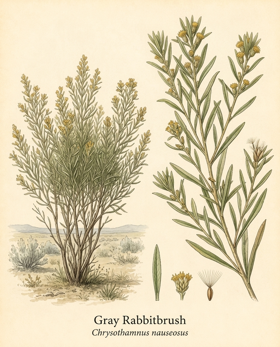 Botanical illustration of Gray Rabbitbrush (Chrysothamnus nauseosus) — a deciduous shrub for USDA zones 4–6