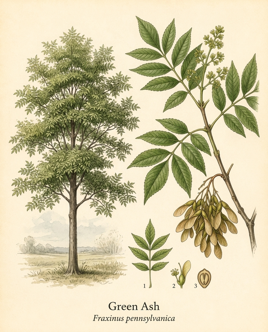 Botanical illustration of Green Ash (Fraxinus pennsylvanica) — a deciduous tree for USDA zones 3–9