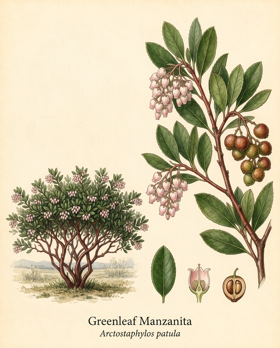 Botanical illustration of Greenleaf Manzanita (Arctostaphylos patula) — a evergreen shrub for USDA zones 4–9