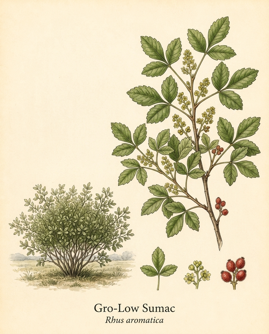Botanical illustration of Gro-Low Sumac (Rhus aromatica) — a deciduous shrub for USDA zones 4–9