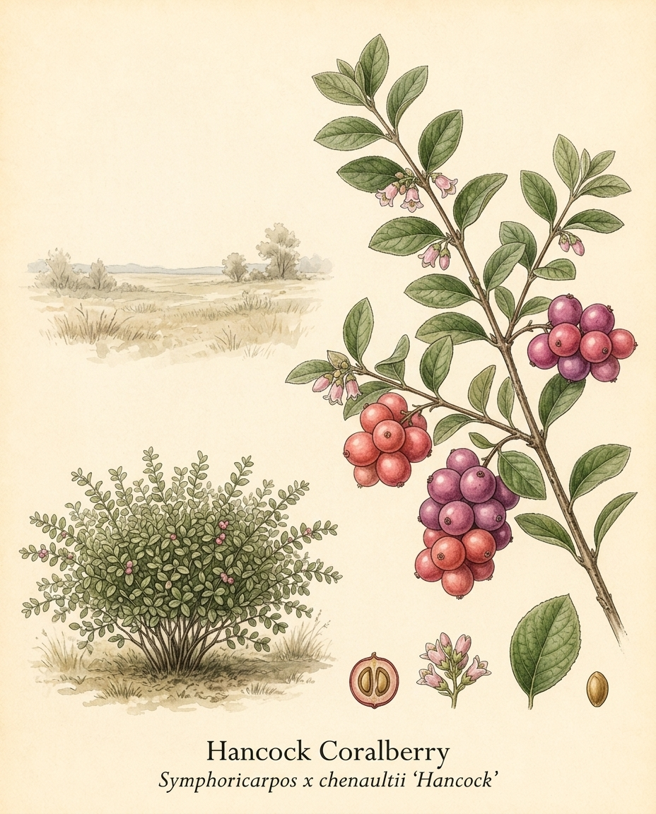 Botanical illustration of Hancock Coralberry (Symphoricarpos x chenaultii ‘Hancock’) — a deciduous shrub for USDA zones 4–7