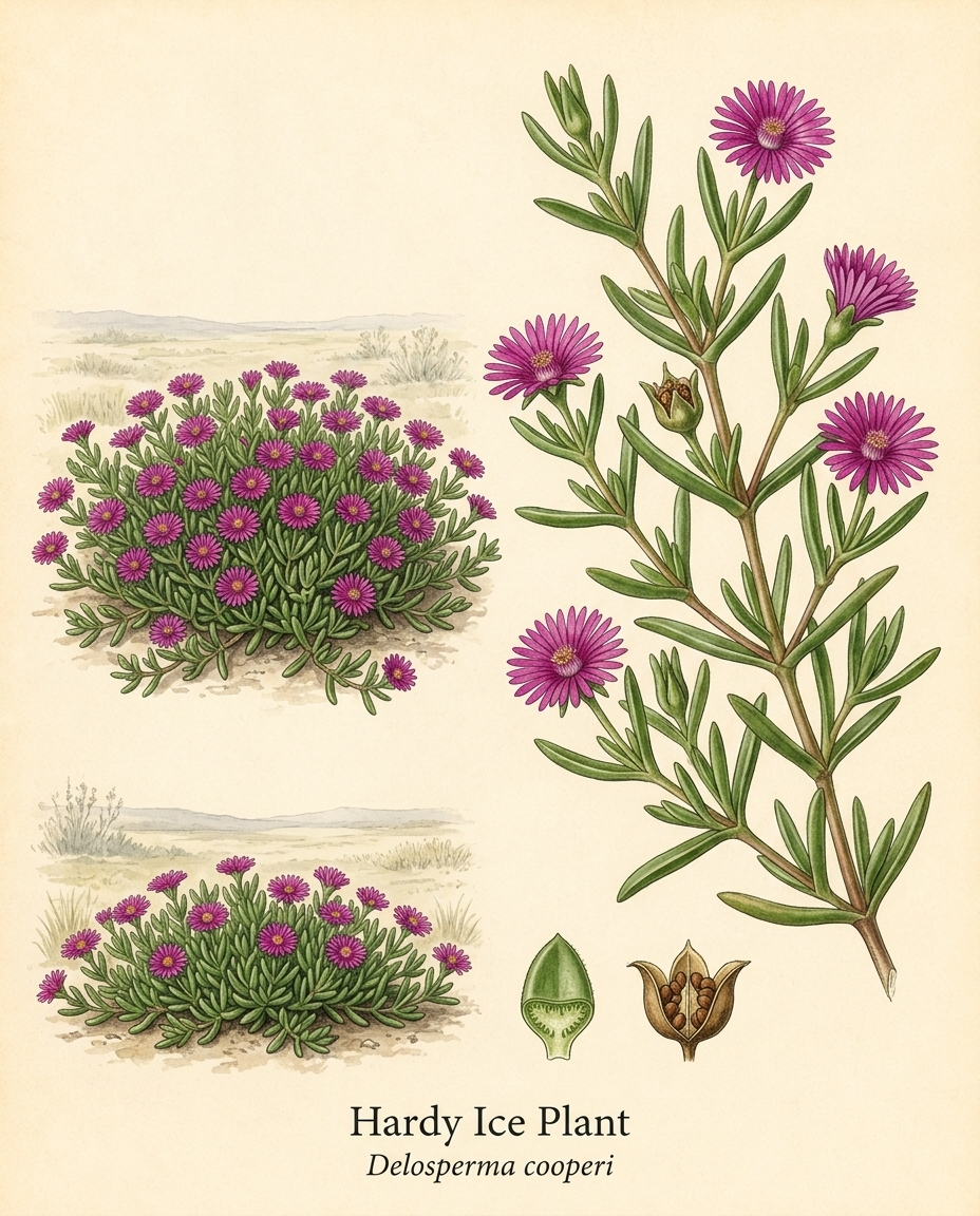 Botanical illustration of Hardy Ice Plant (Delosperma cooperi) — a evergreen groundcover for USDA zones 5–9