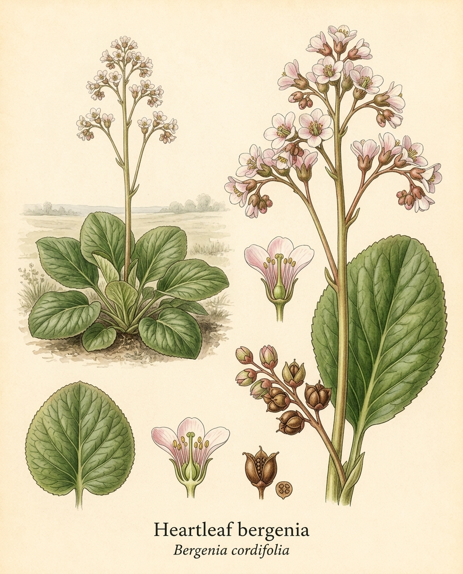 Botanical illustration of Heartleaf bergenia (Bergenia cordifolia) — a deciduous perennial for USDA zones 3–8