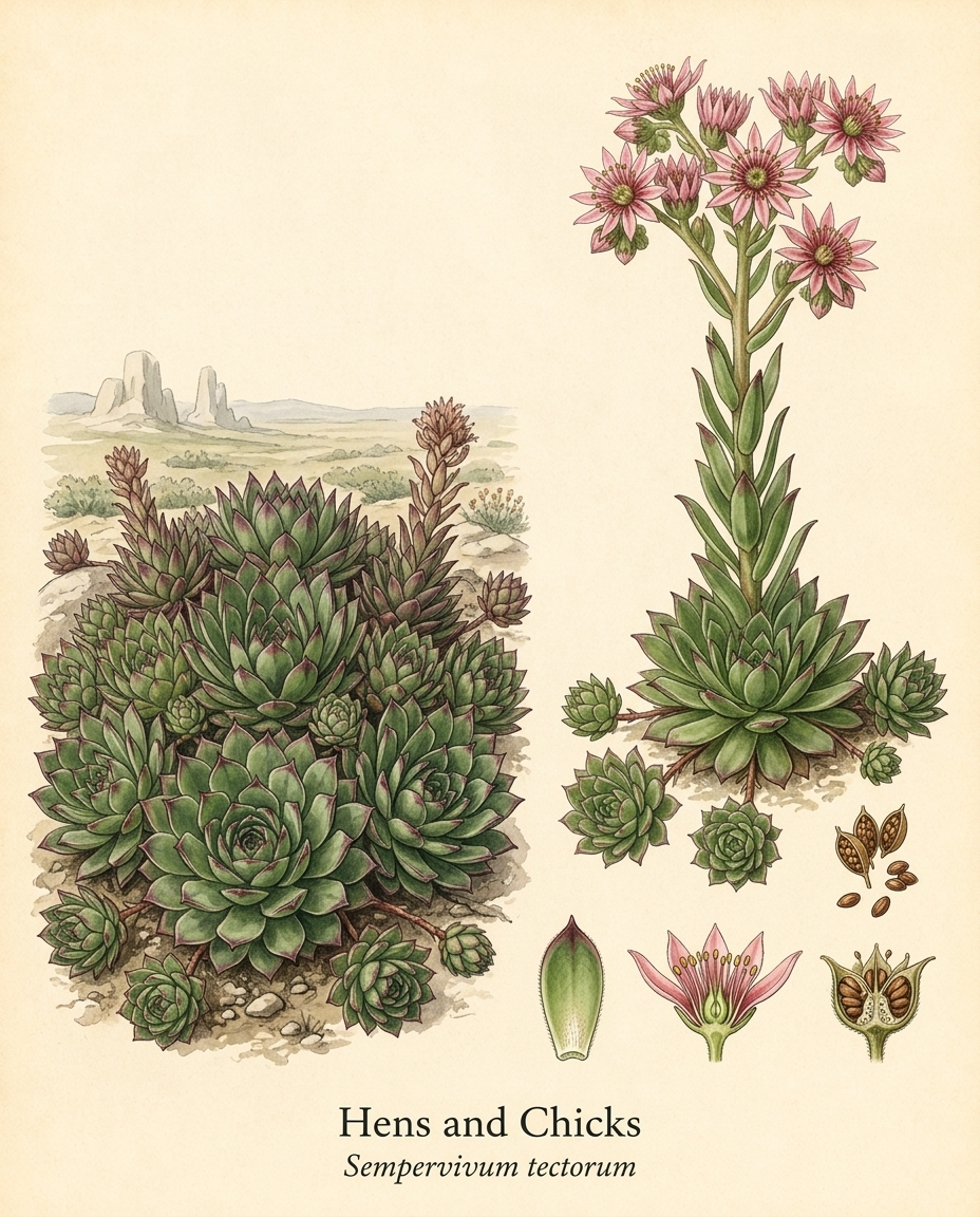 Botanical illustration of Hens and Chicks (Sempervivum tectorum) — a evergreen groundcover for USDA zones 3–8