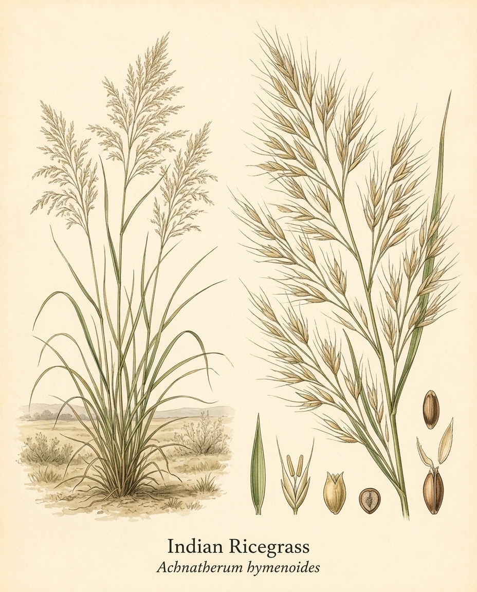 Botanical illustration of Indian Ricegrass (Achnatherum hymenoides) — a deciduous grass for USDA zones 4–9
