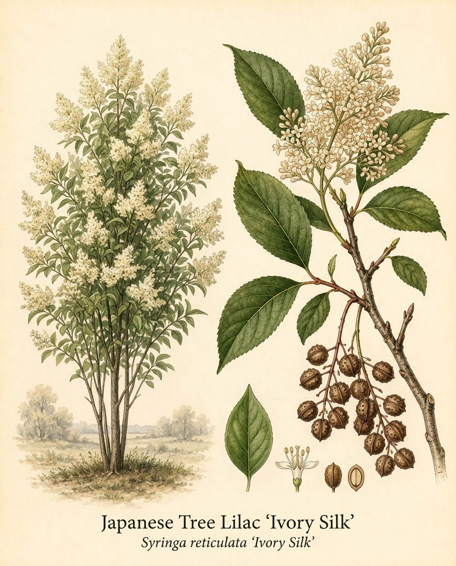 Botanical illustration of Japanese Tree Lilac 'Ivory Silk' (Syringa reticulata 'Ivory Silk') — a deciduous tree for USDA zones 4–7