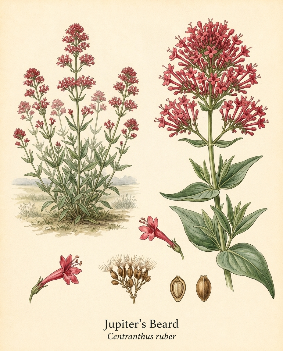 Botanical illustration of Jupiter's Beard (Centranthus ruber) — a deciduous perennial for USDA zones 5–8