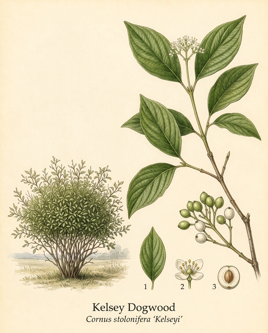 Botanical illustration of Kelsey Dogwood (Cornus stolonifera ‘Kelseyi’) — a deciduous shrub for USDA zones 2–8