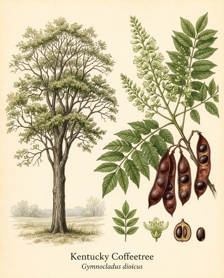 Botanical illustration of Kentucky Coffeetree (Gymnocladus dioicus) — a deciduous tree for USDA zones 3–8