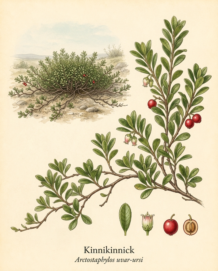 Botanical illustration of Kinnikinnick (Arctostaphylos uvar-ursi) — a evergreen shrub for USDA zones 2–6