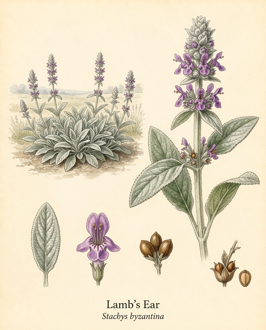 Botanical illustration of Lamb's Ear (Stachys byzantina) — a evergreen groundcover for USDA zones 4–8