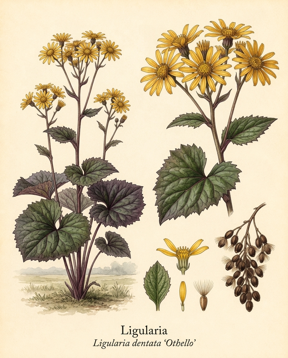 Botanical illustration of Ligularia (Ligularia dentata ‘Othello’) — a deciduous perennial for USDA zones 3–8