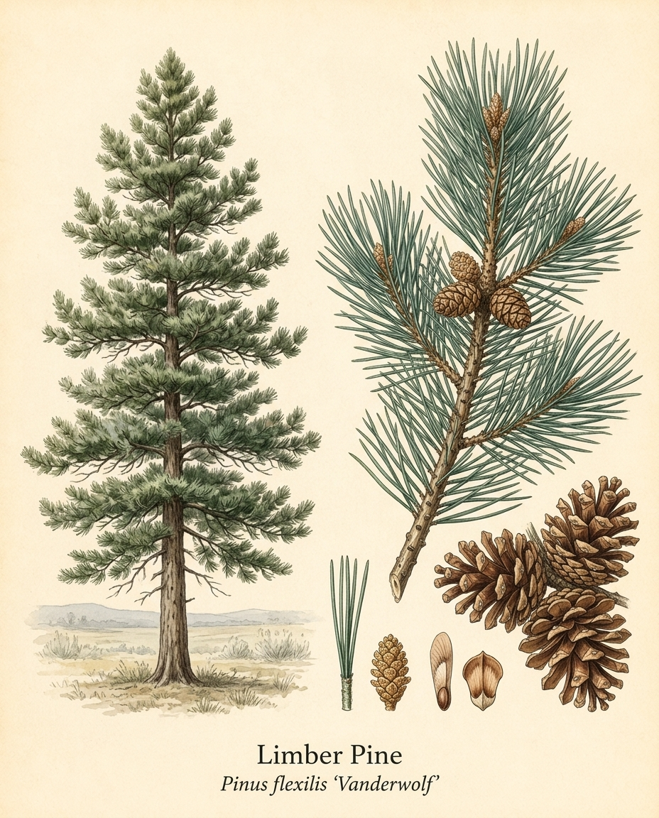 Botanical illustration of Limber Pine (Pinus flexilis ‘Vanderwolf ’) — a evergreen shrub for USDA zones 4–7