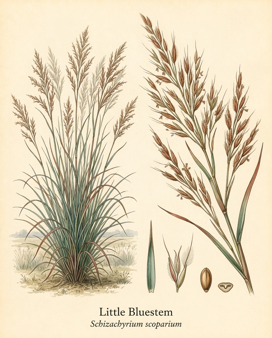 Botanical illustration of Little Bluestem (Schizachyrium scoparium) — a deciduous grass for USDA zones 4–9