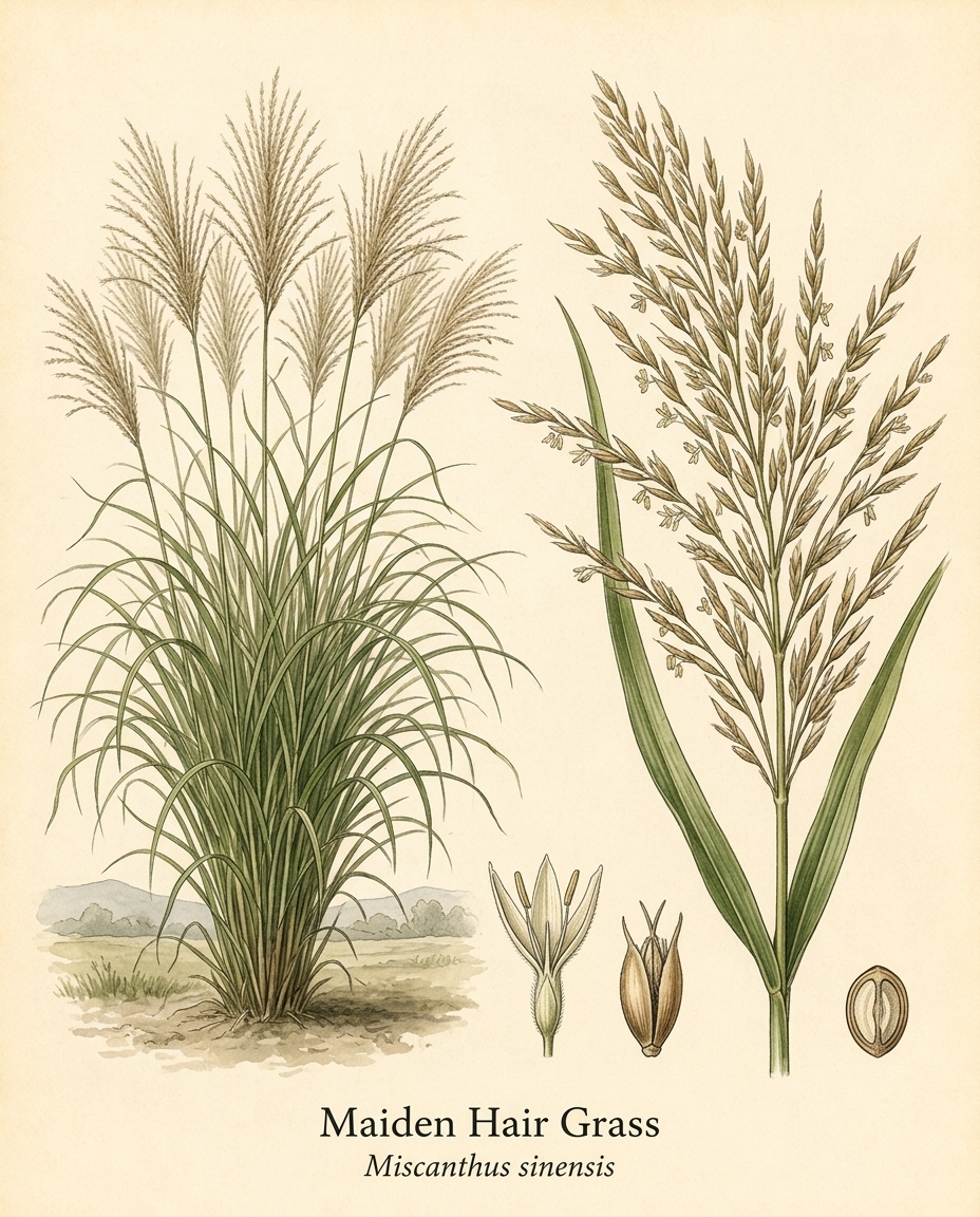 Botanical illustration of Maiden Hair Grass (Miscanthus sinensis) — a deciduous grass for USDA zones 4–7