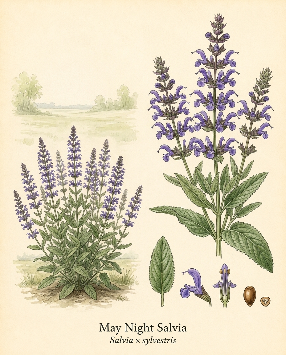 Botanical illustration of May Night Salvia (Salvia x sylvestris) — a deciduous perennial for USDA zones 4–8