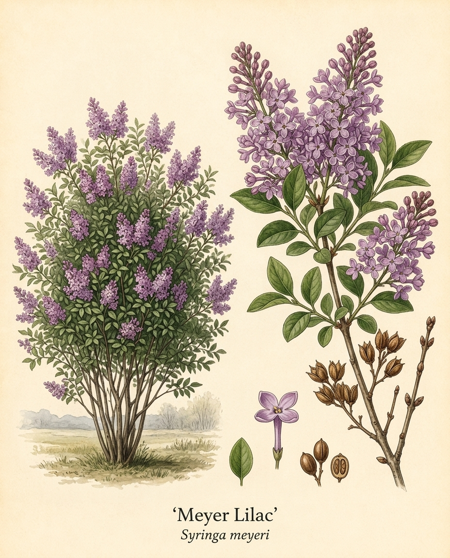Botanical illustration of Meyer Lilac (Syringa meyeri) — a deciduous shrub for USDA zones 3–8