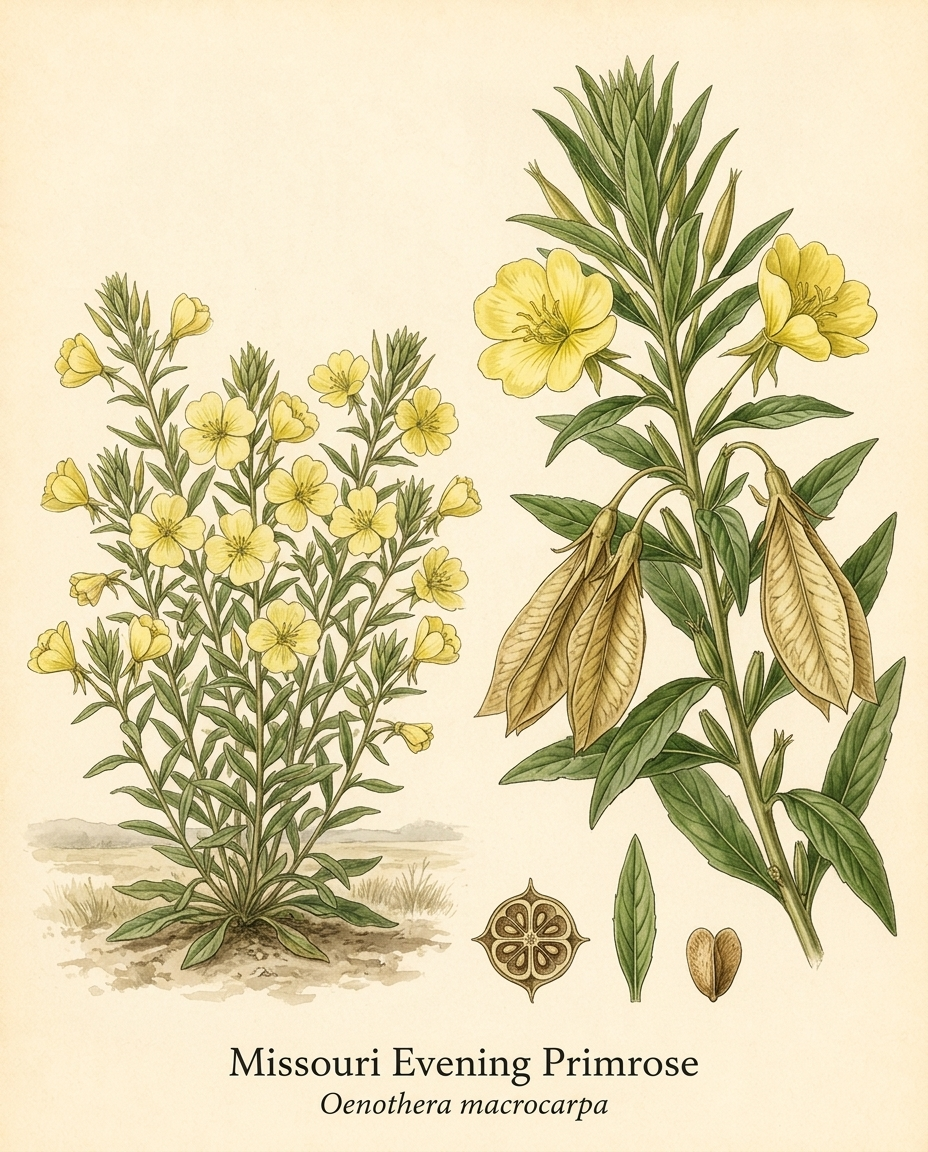 Botanical illustration of Missouri Evening Primrose (Oenothera macrocarpa) — a deciduous perennial for USDA zones 4–8