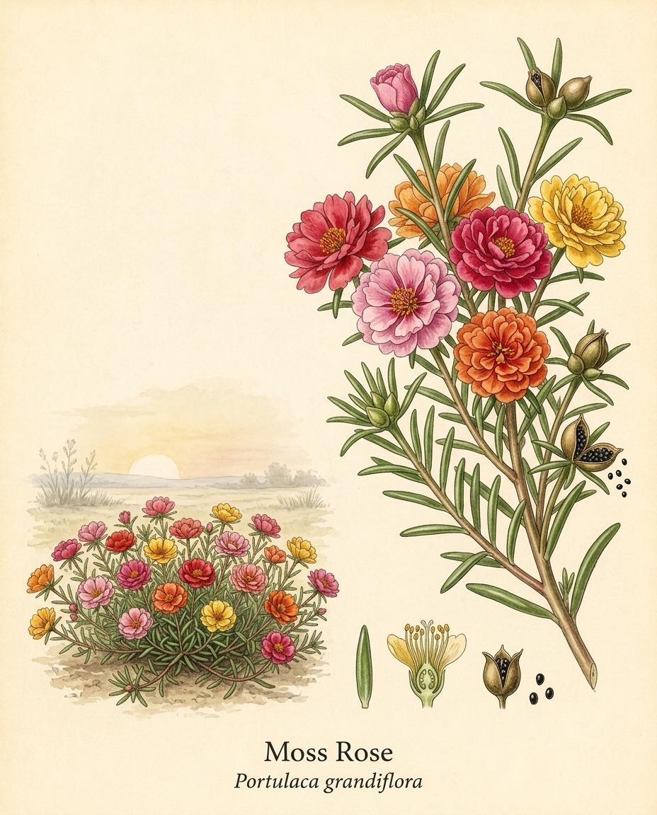 Botanical illustration of Moss Rose (Portulaca grandiflora) — a deciduous annual for USDA zones 2–11